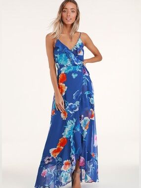 LulusLadean Royal Blue Floral Print Ruffled Wrap Maxi Dress Size XS NWT